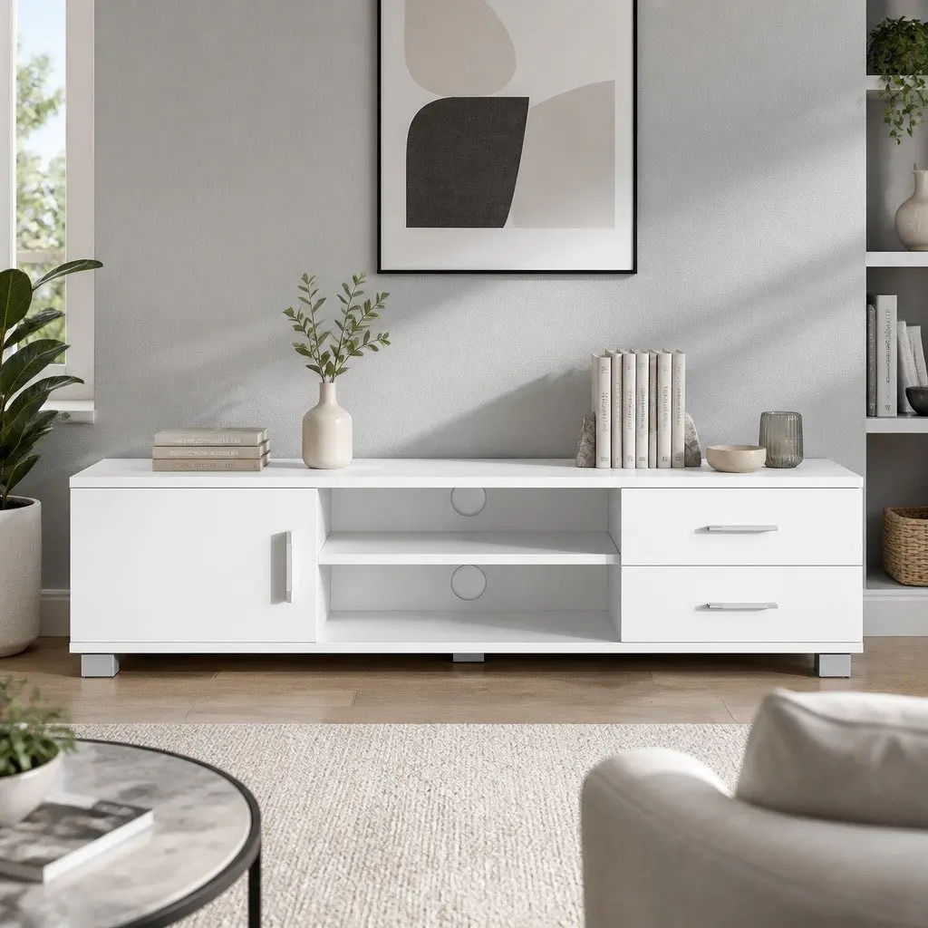 Entertainment Unit TV Cabinet 120cm White Living Room Storage Shelves Drawers