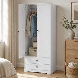 Wardrobe Clothes Closet Storage Organizer with 2 Doors 2 Drawers White