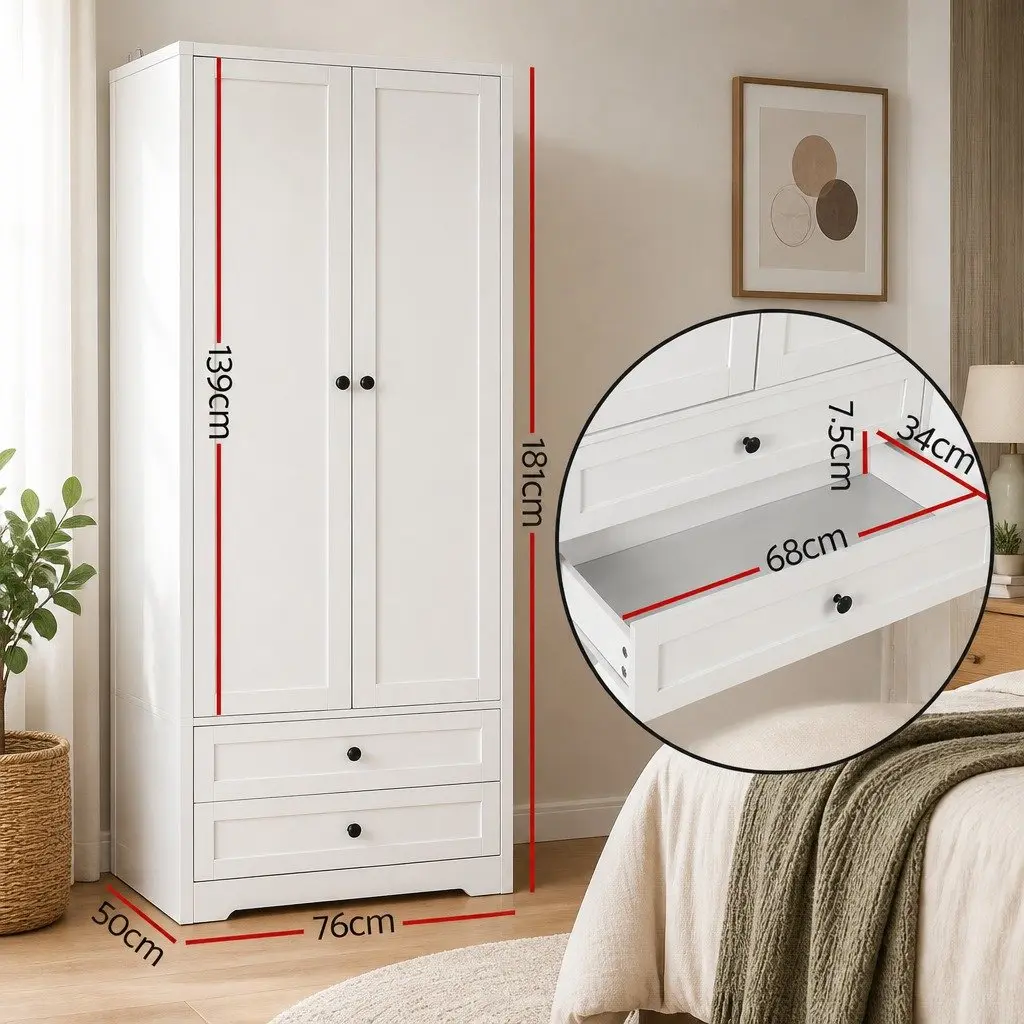 Wardrobe Clothes Closet Storage Organizer with 2 Doors 2 Drawers White