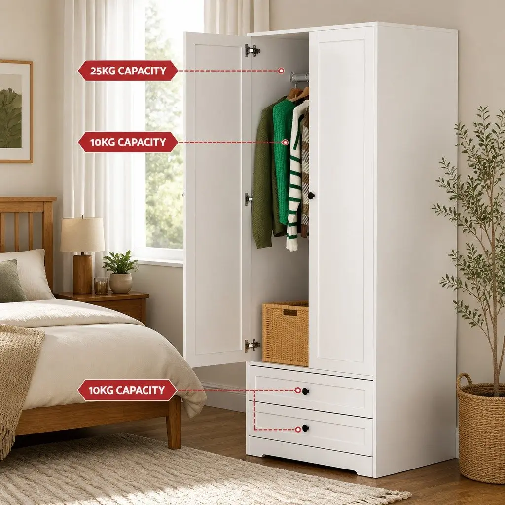 Wardrobe Clothes Closet Storage Organizer with 2 Doors 2 Drawers White