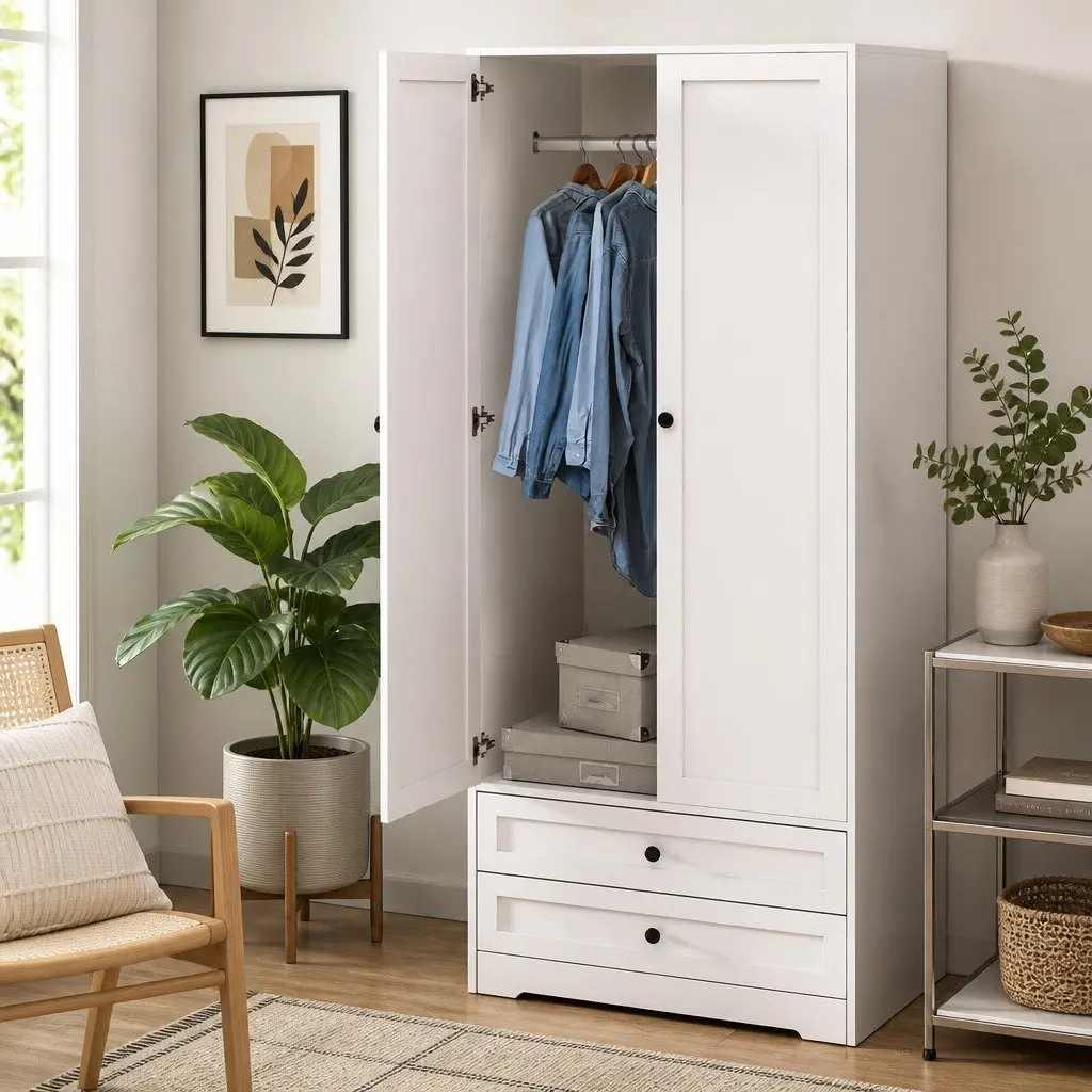 Wardrobe Clothes Closet Storage Organizer with 2 Doors 2 Drawers White
