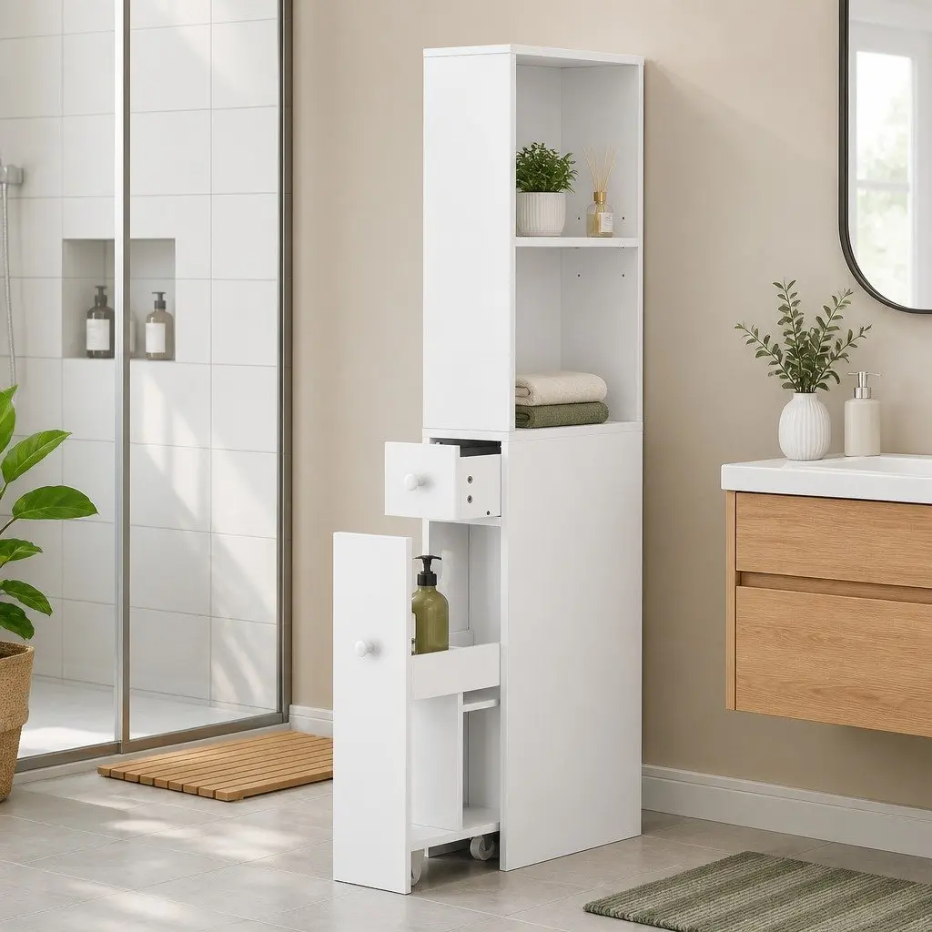 Bathroom Storage Cabinet Slim Organiser Drawer Corner Cupboard White 135cm Tall