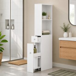 Bathroom Storage Cabinet Slim Organiser Drawer Corner Cupboard White 135cm Tall
