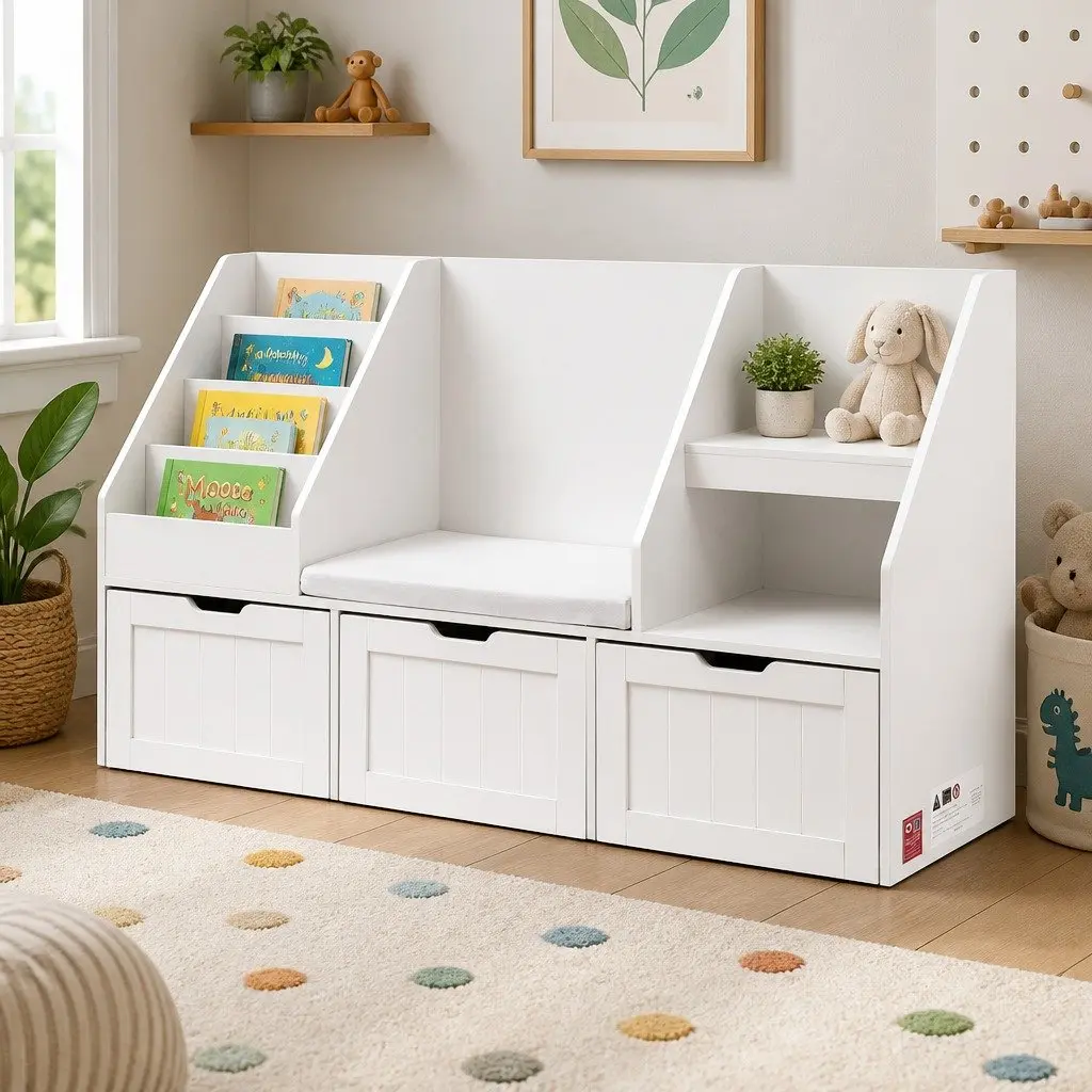 Kids Bookshelf Storage Organiser Toy Box Drawer Bench Seat Cabinet White