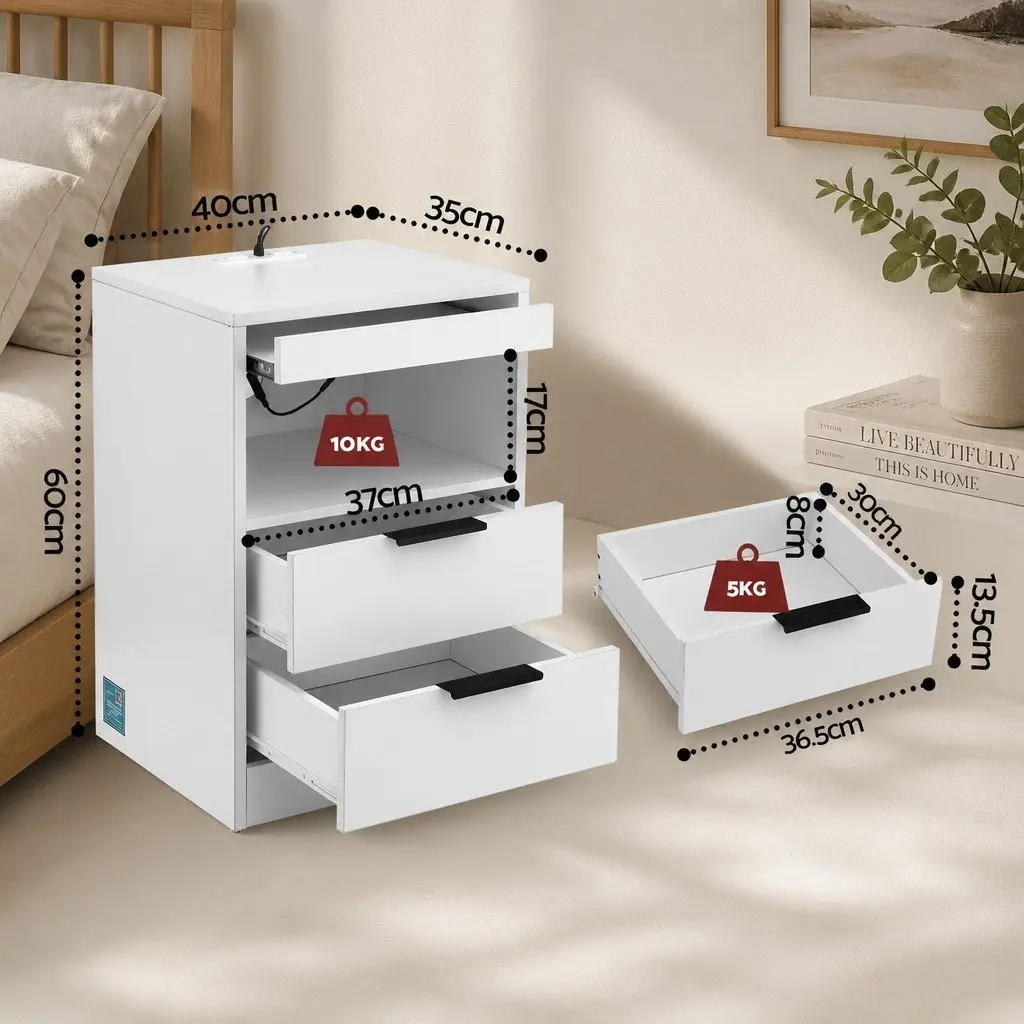 Bedside Table LED Nightstand Charging Station 2 Drawers White Furniture