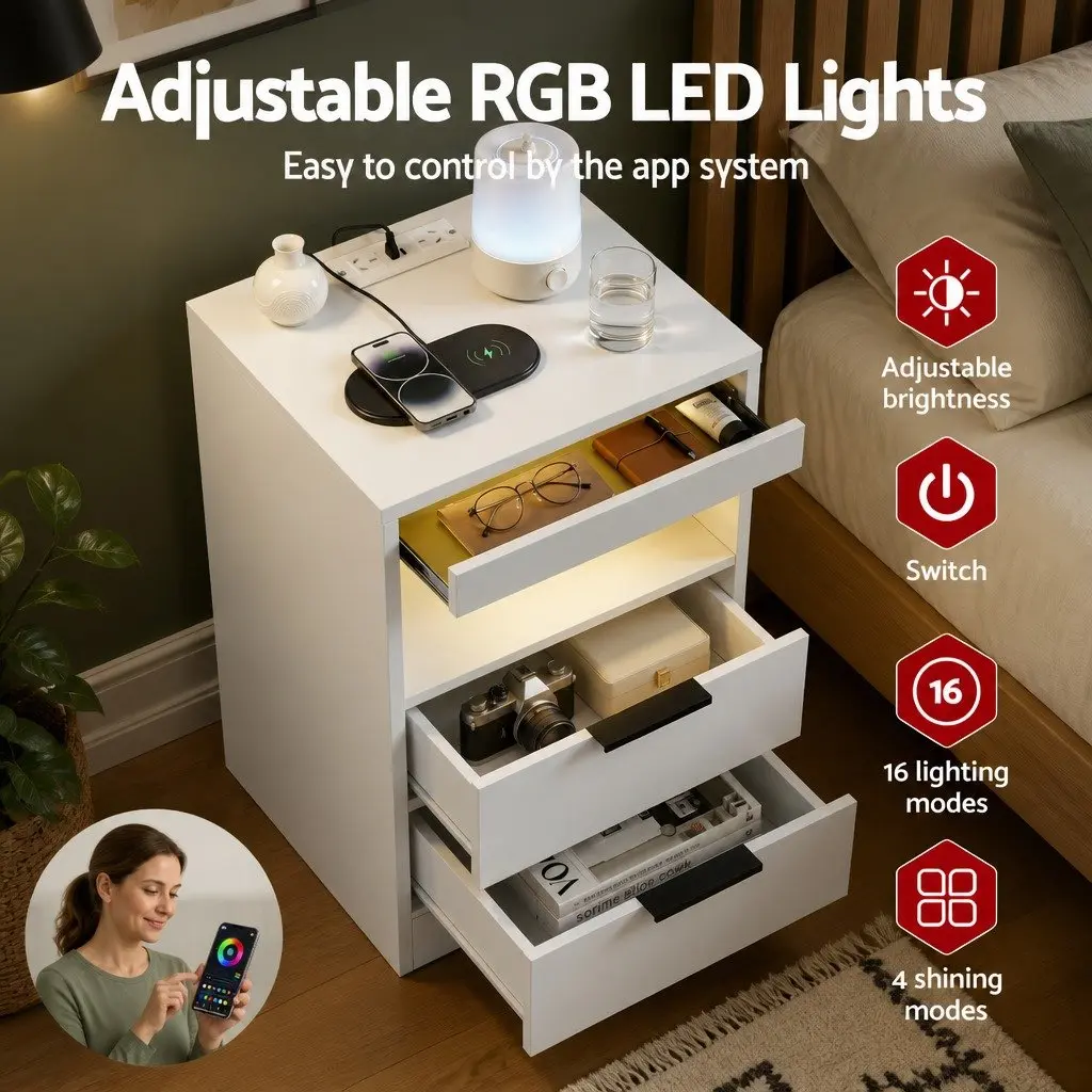 Bedside Table LED Nightstand Charging Station 2 Drawers White Furniture