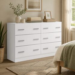6 Drawer Chest of Drawers White Bedroom Storage Cabinet Lowboy Dresser Furniture