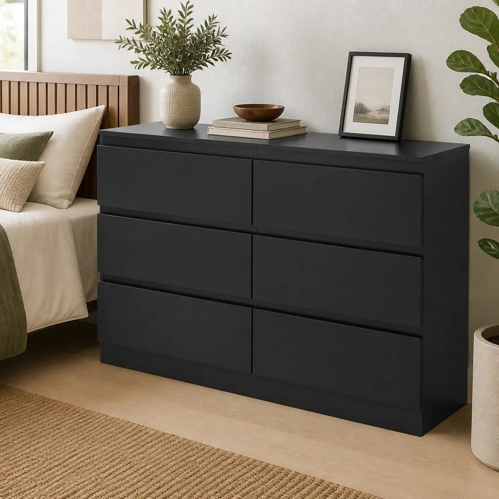 6 Drawer Chest of Drawers Black Bedroom Lowboy Storage Grooved Handle Design