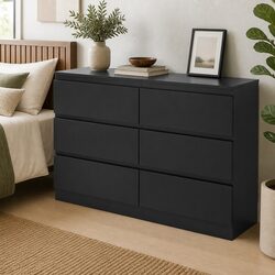 6 Drawer Chest of Drawers Black Bedroom Lowboy Storage Grooved Handle Design