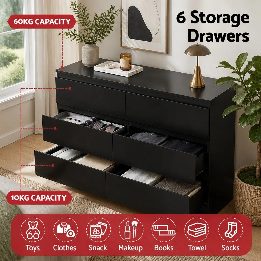 6 Drawer Chest of Drawers Black Bedroom Lowboy Storage Grooved Handle Design