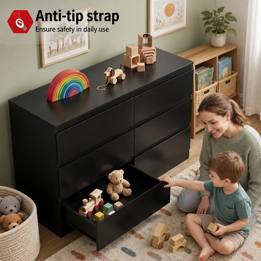 6 Drawer Chest of Drawers Black Bedroom Lowboy Storage Grooved Handle Design