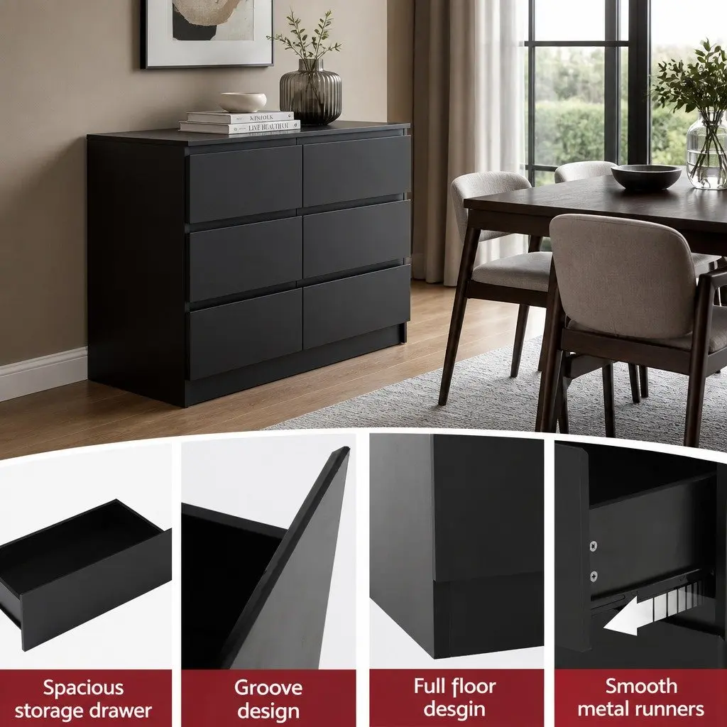 6 Drawer Chest of Drawers Black Bedroom Lowboy Storage Grooved Handle Design