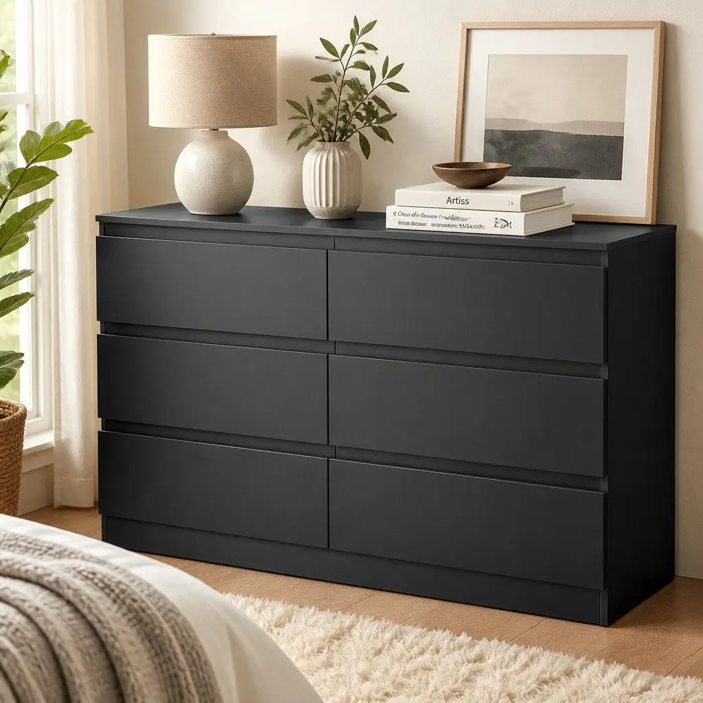 6 Drawer Chest of Drawers Black Bedroom Lowboy Storage Grooved Handle Design