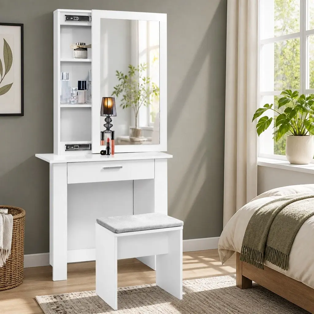Dressing Table Set Sliding Mirror White Vanity with Storage Drawer and Padded Stool