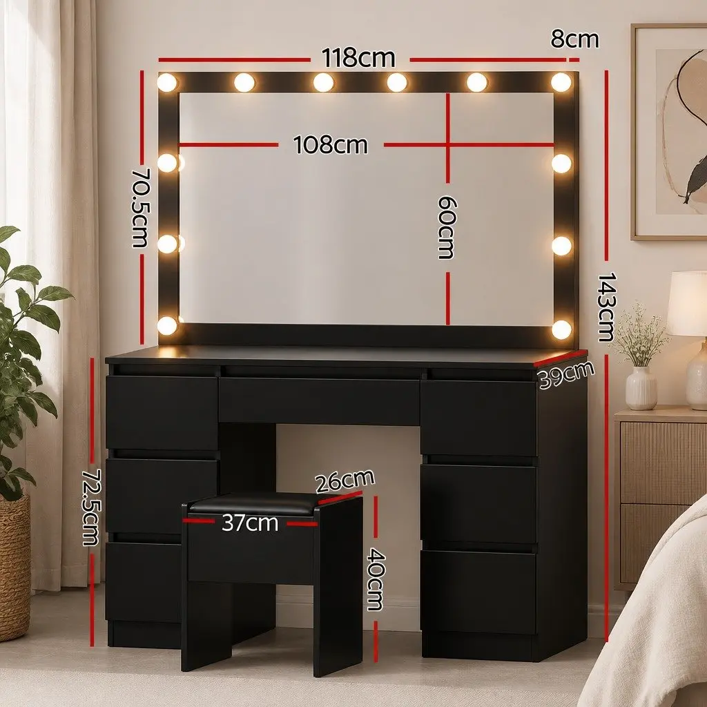 Dressing Table Vanity Desk Set with LED Bulbs Large Mirror Foam Padded Stool Black