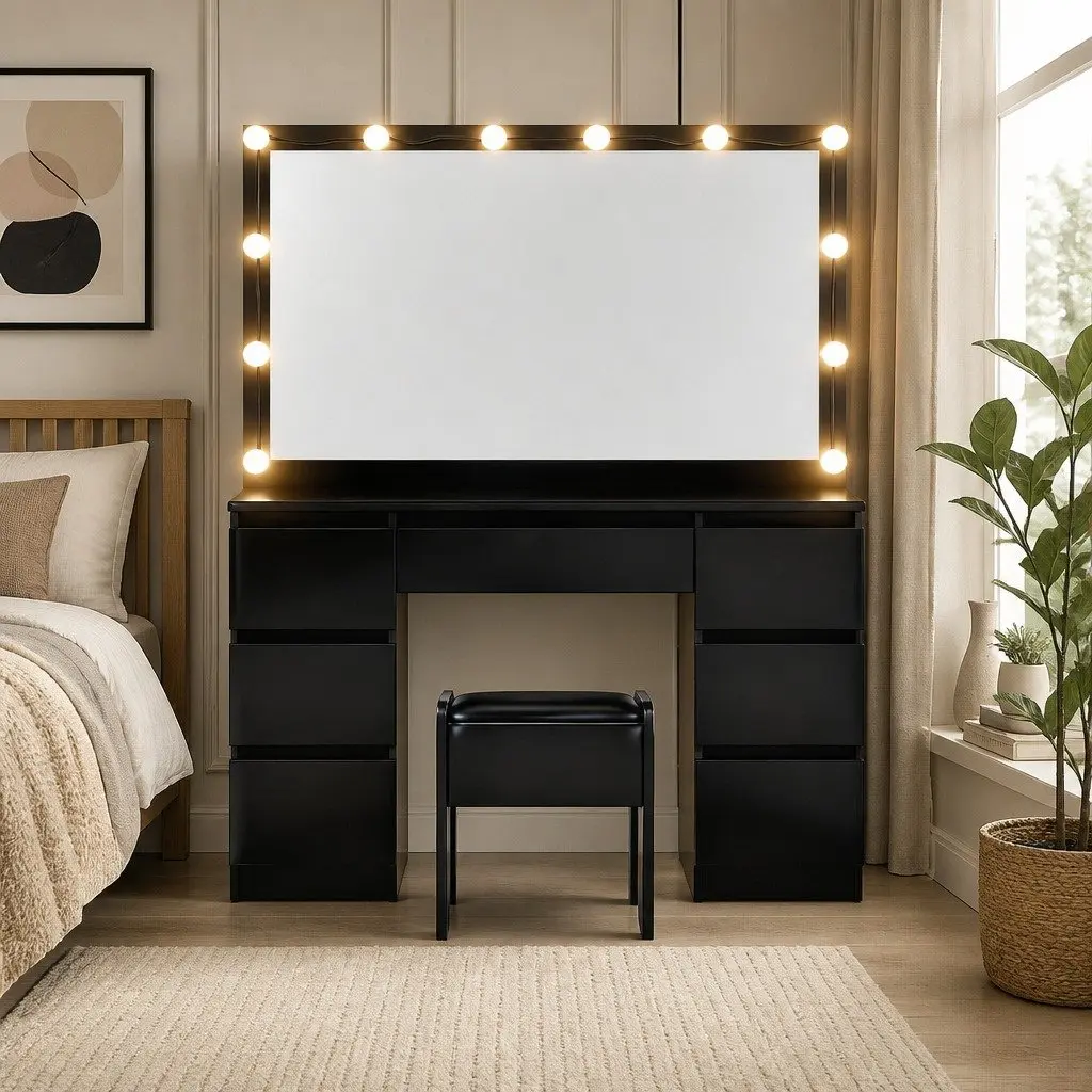 Dressing Table Vanity Desk Set with LED Bulbs Large Mirror Foam Padded Stool Black