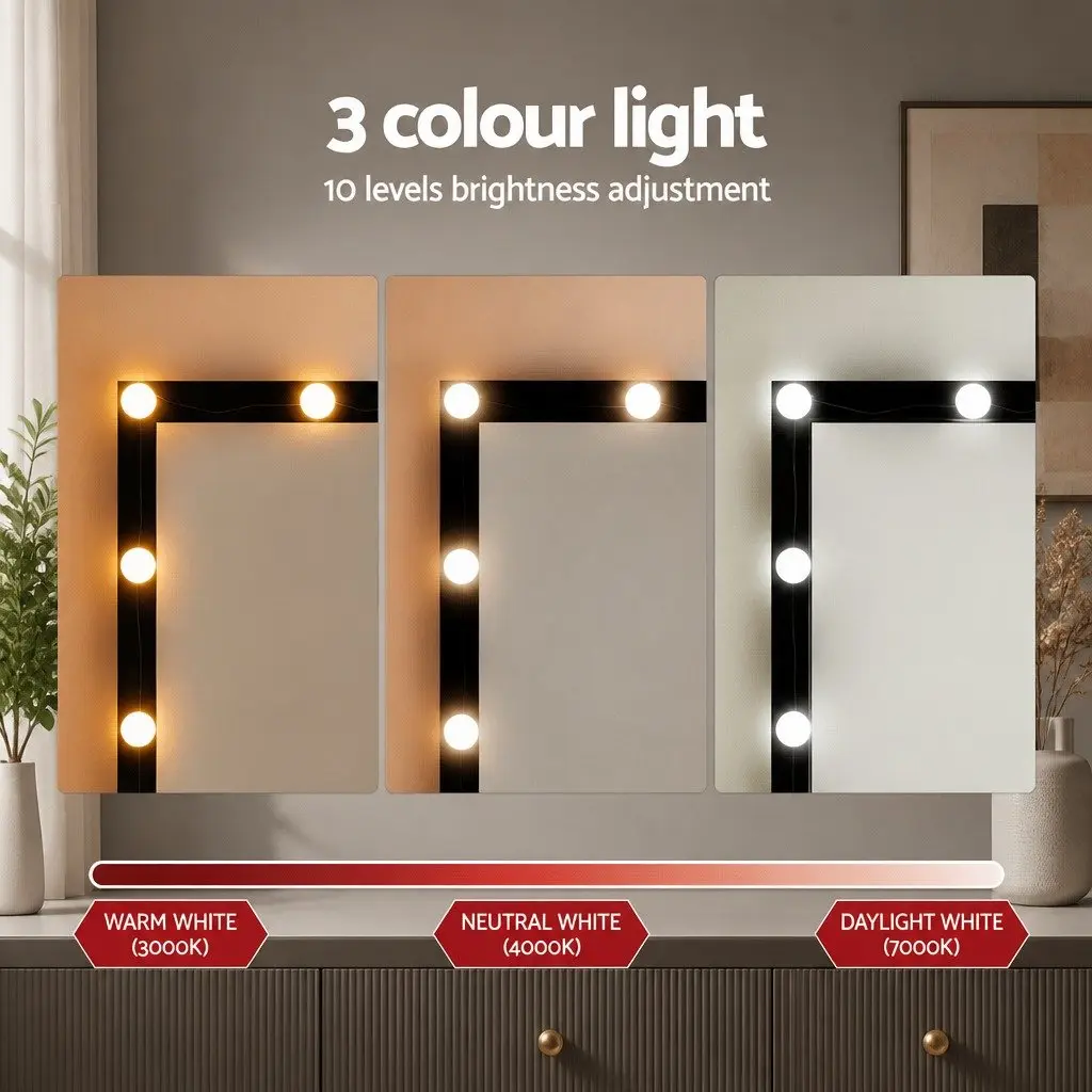Dressing Table Vanity Desk Set with LED Bulbs Large Mirror Foam Padded Stool Black