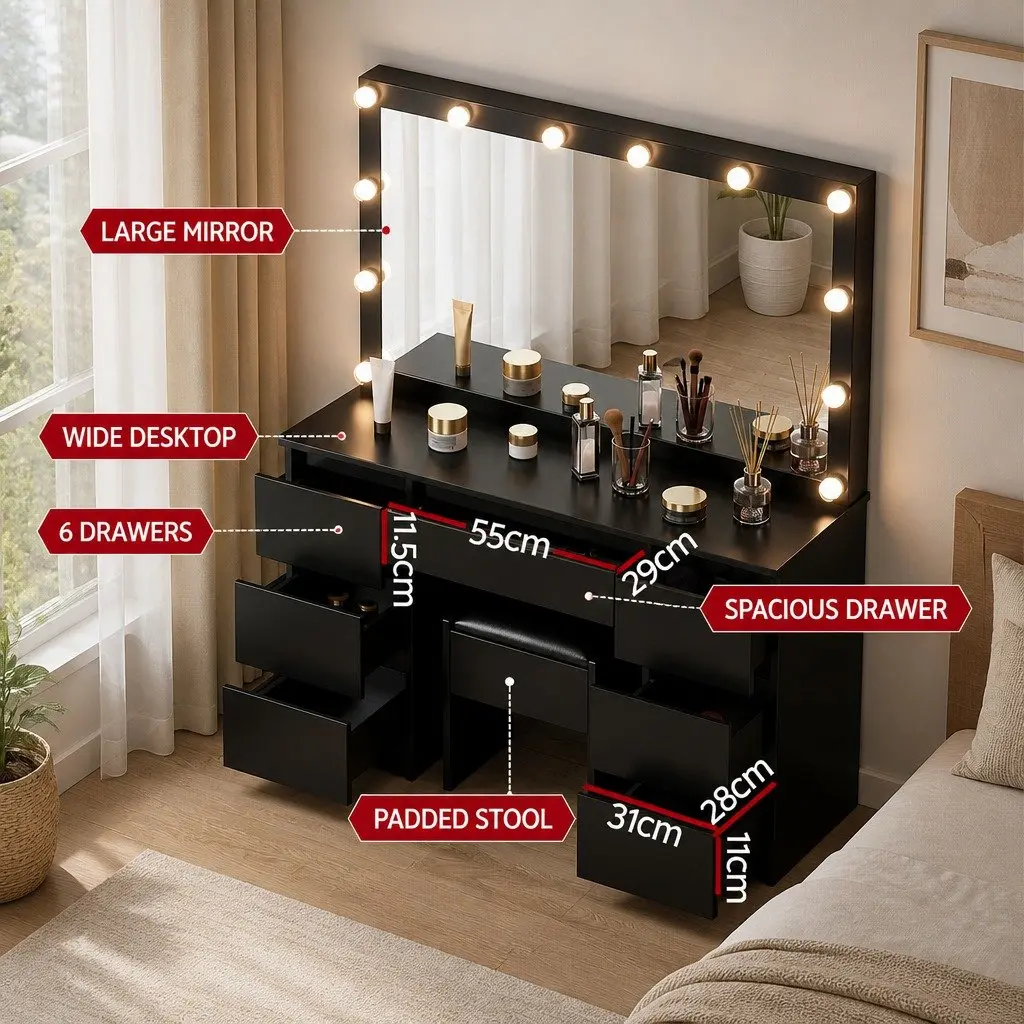 Dressing Table Vanity Desk Set with LED Bulbs Large Mirror Foam Padded Stool Black
