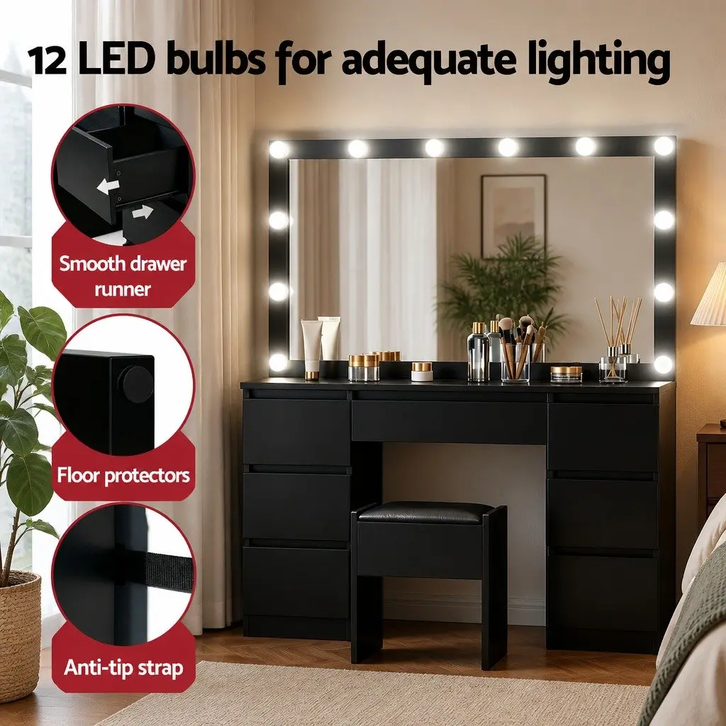 Dressing Table Vanity Desk Set with LED Bulbs Large Mirror Foam Padded Stool Black