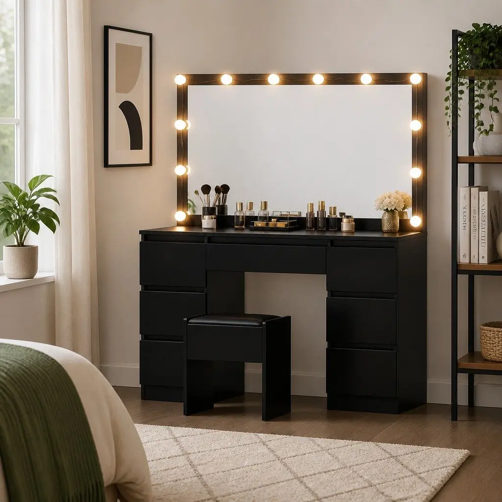 Dressing Table Vanity Desk Set with LED Bulbs Large Mirror Foam Padded Stool Black