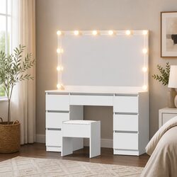 Dressing Table Vanity Desk Set with Stool 12 LED Bulbs White Makeup Mirror