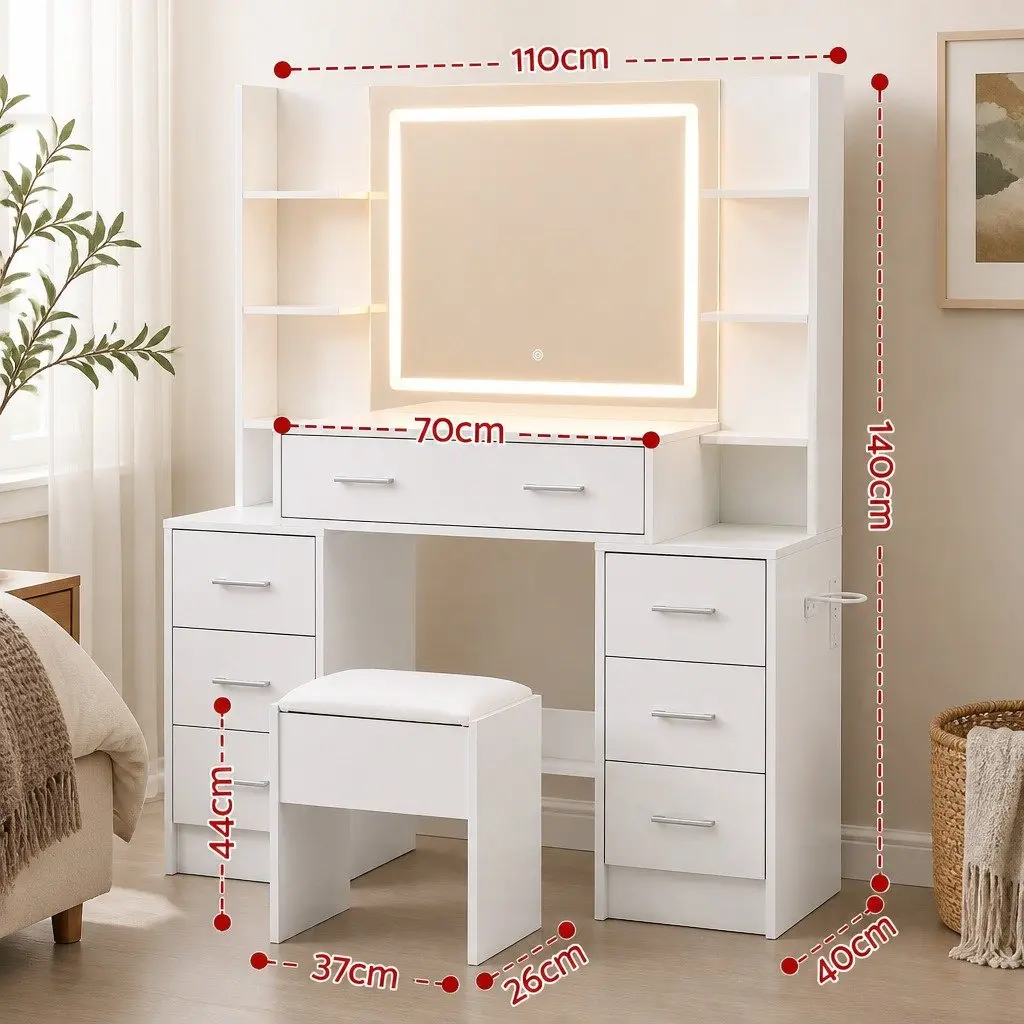 Dressing Table Vanity Desk Set with LED Mirror Charging Station Stool White