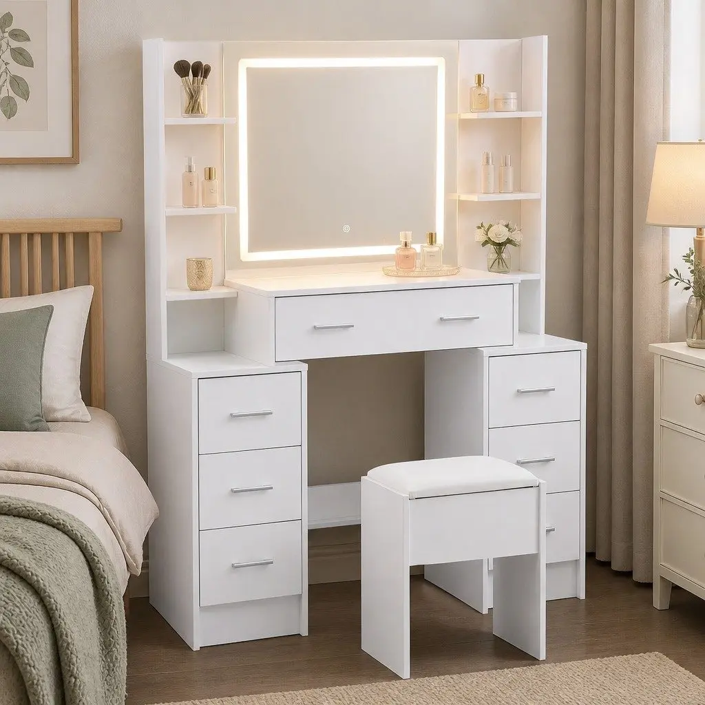 Dressing Table Vanity Desk Set with LED Mirror Charging Station Stool White