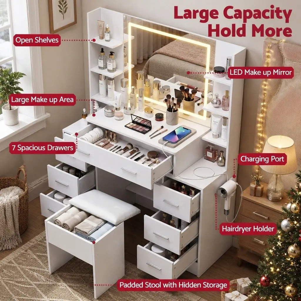 Dressing Table Vanity Desk Set with LED Mirror Charging Station Stool White
