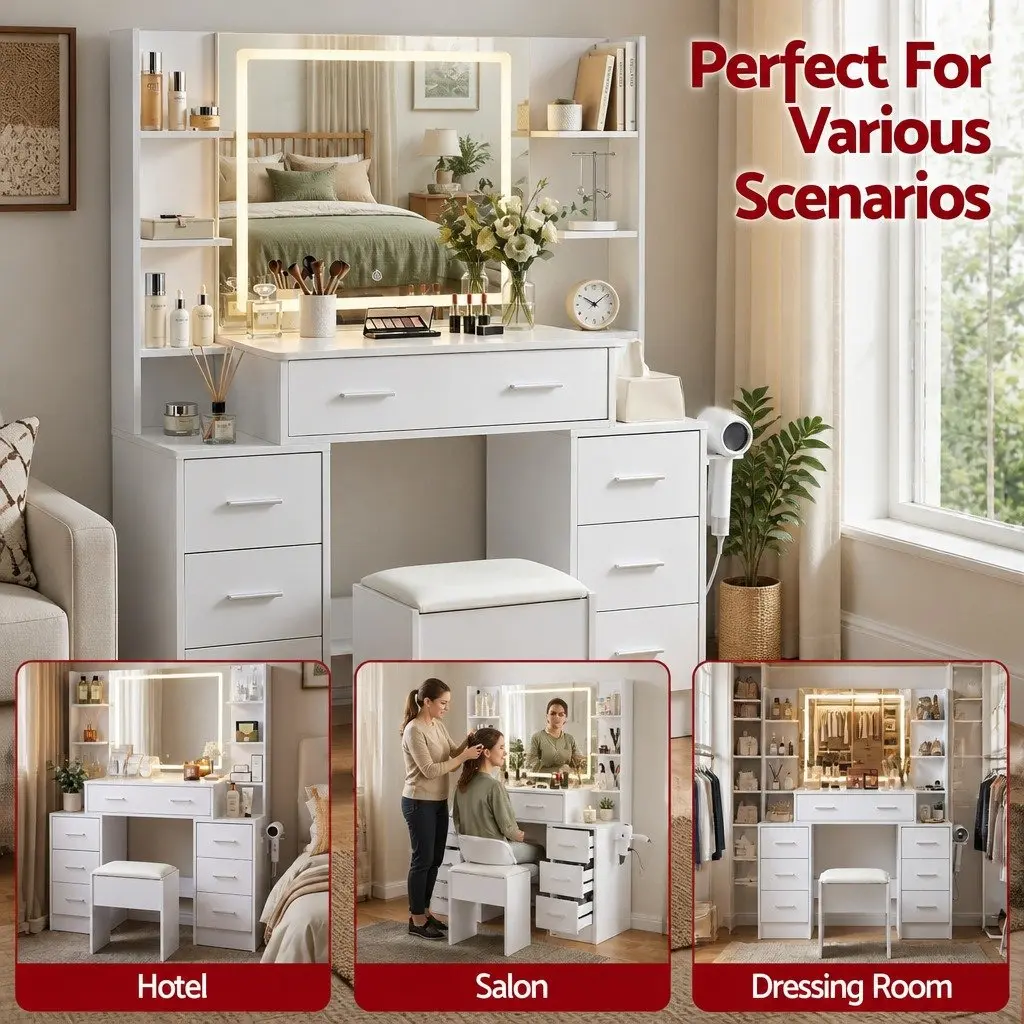 Dressing Table Vanity Desk Set with LED Mirror Charging Station Stool White