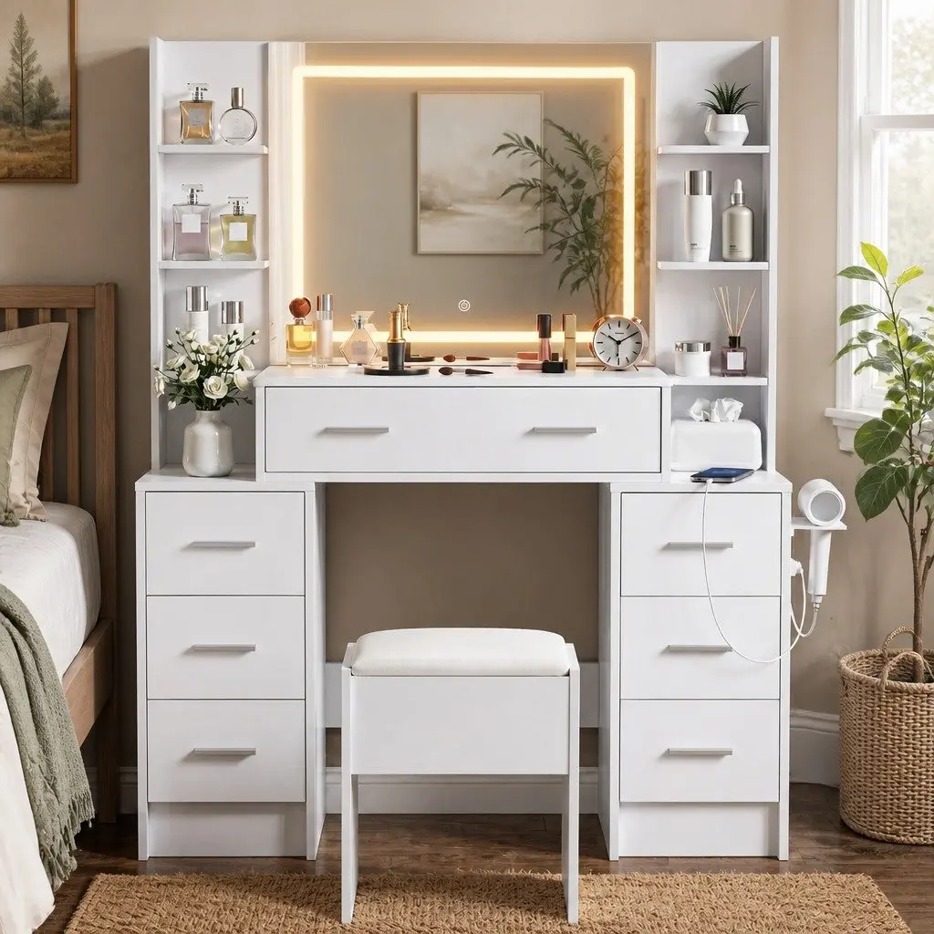 Dressing Table Vanity Desk Set with LED Mirror Charging Station Stool White