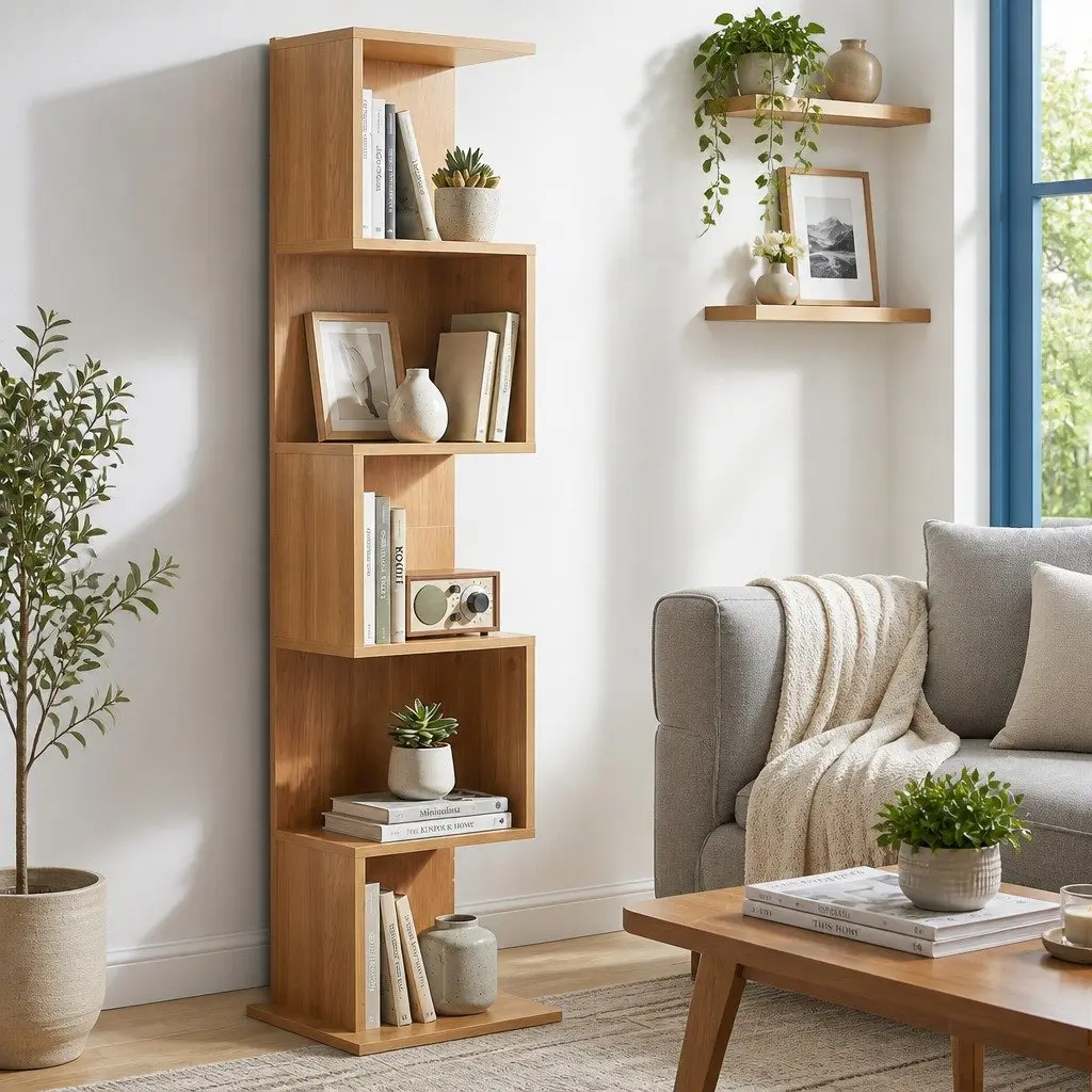 5 Tier S-Shaped Bookshelf Storage Display Shelving Unit Living Room Bookcase