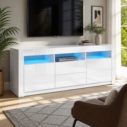 Entertainment Unit TV Cabinet 160cm LED Lighting White Living Room Storage