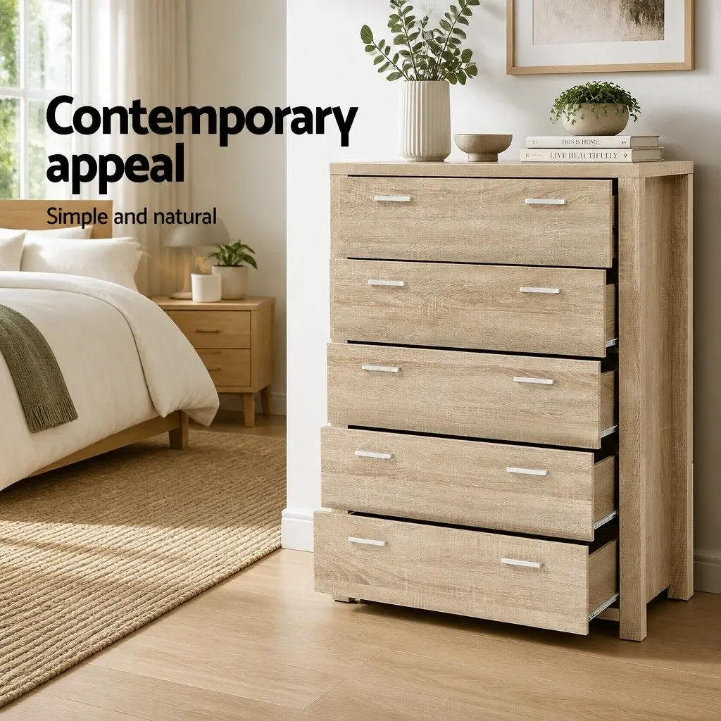 5 Drawer Tallboy Storage Cabinet Pine Bedroom Dresser with Handles