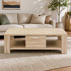Oak Coffee Table with Drawer Open Shelves Contemporary Living Room Furniture