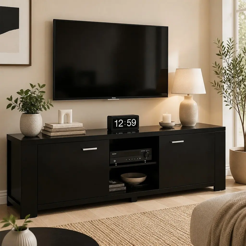 Black TV Cabinet Entertainment Unit 160cm Living Room Storage Shelves Doors