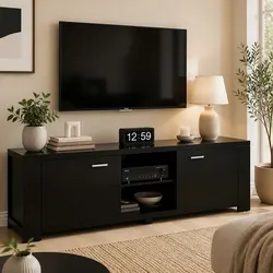 Black TV Cabinet Entertainment Unit 160cm Living Room Storage Shelves Doors