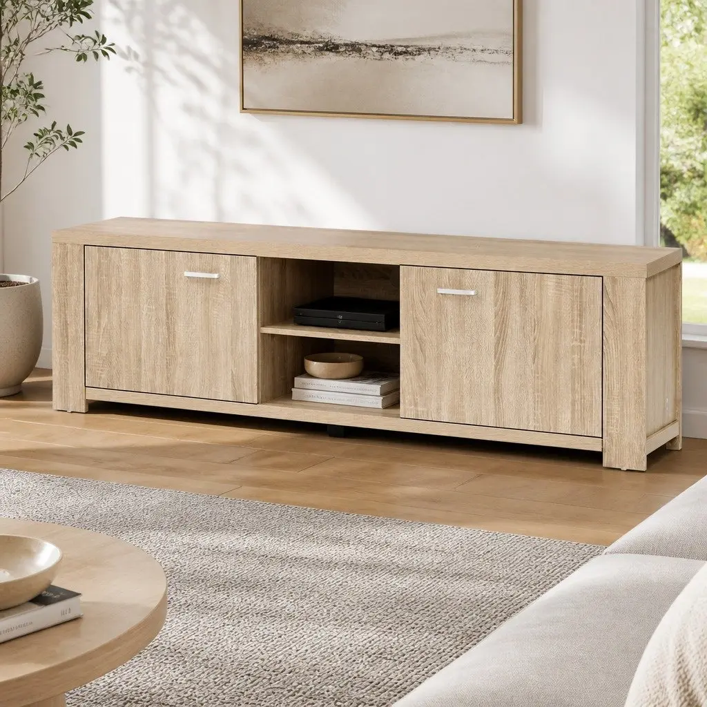 TV Entertainment Unit 160cm Oak Wood Storage Cabinet with Open Shelves Maxi