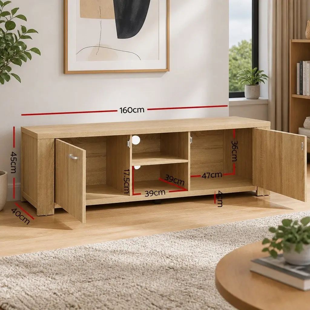 TV Unit Oak Wood 160cm Storage Cabinet with Open Shelves
