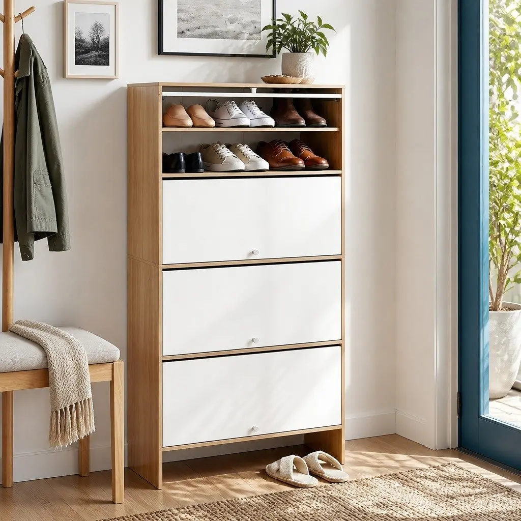 Narrow Shoe Cabinet 8-Tier Flip-up Door Adjustable Shelves White Pine Storage