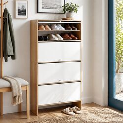 Narrow Shoe Cabinet 8-Tier Flip-up Door Adjustable Shelves White Pine Storage