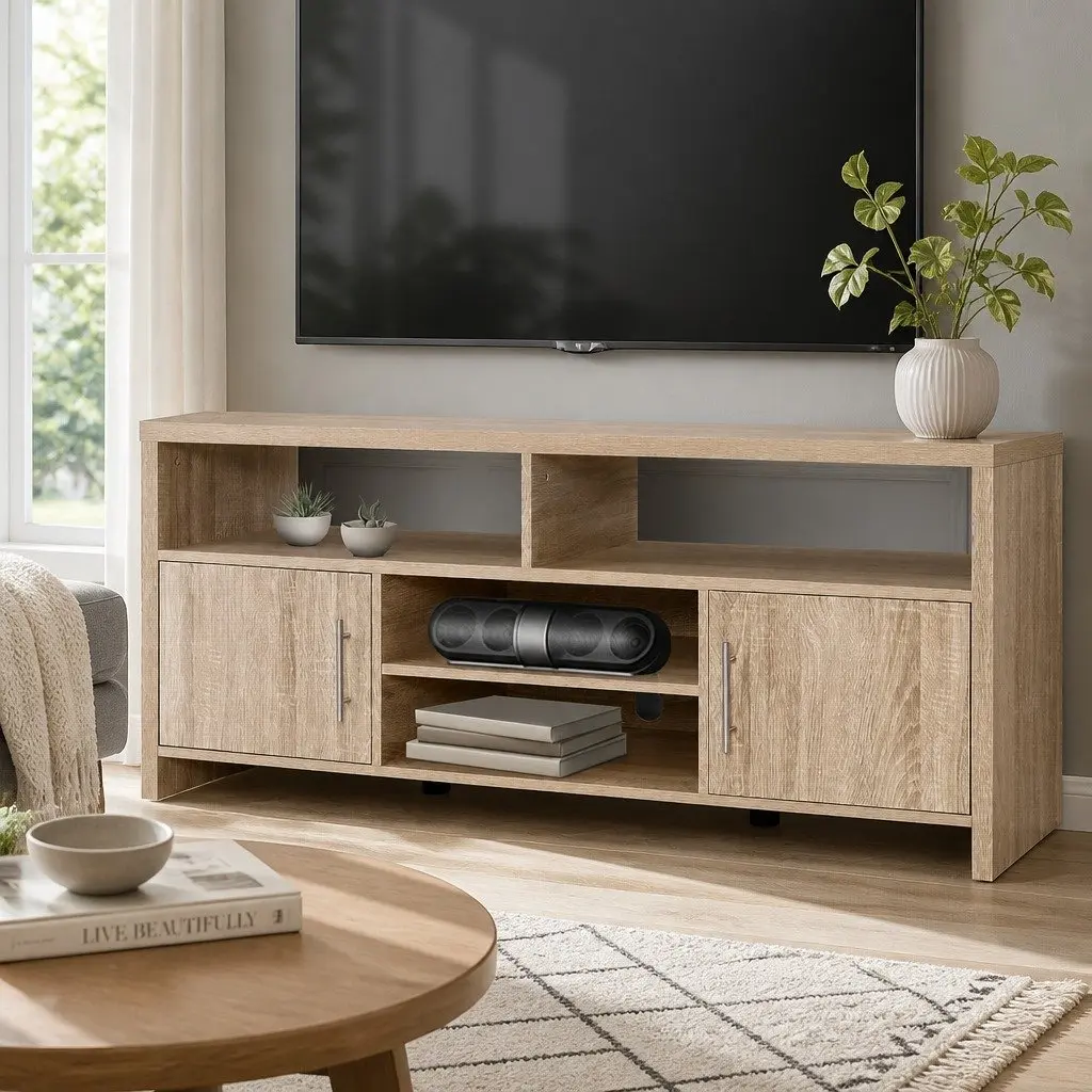 TV Cabinet Entertainment Unit 140cm Oak Storage Shelves Magnetic Door Catches