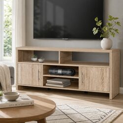 TV Cabinet Entertainment Unit 140cm Oak Storage Shelves Magnetic Door Catches