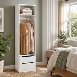 White Wardrobe Closet Storage Organizer with 2 Drawers Hanging Rod Open Shelf
