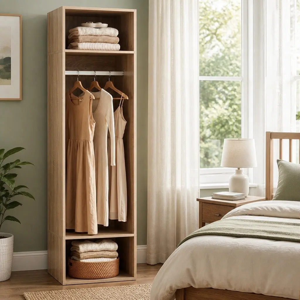 Pine Wardrobe Closet Storage Organizer with Hanging Rod and Open Shelves 185cm Tall 50.5cm Wide