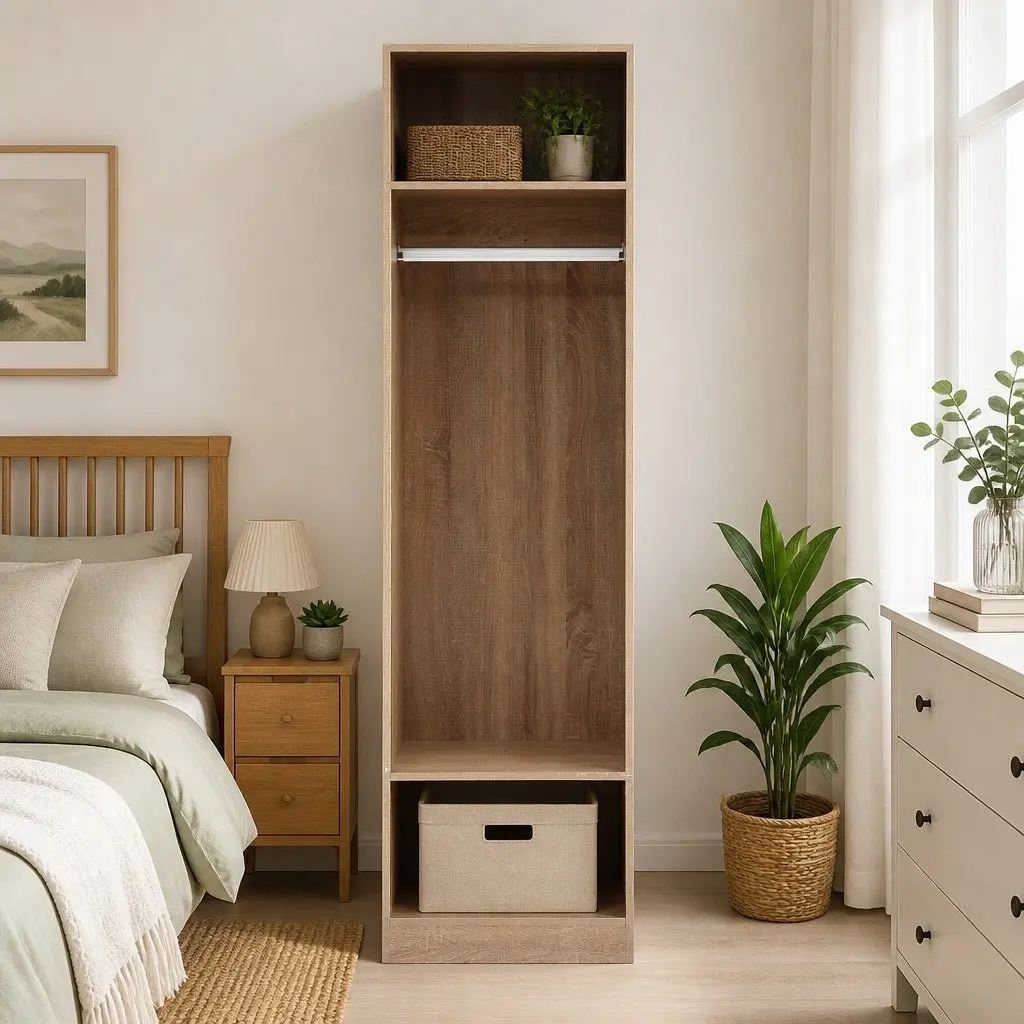 Pine Wardrobe Closet Storage Organizer with Hanging Rod and Open Shelves 185cm Tall 50.5cm Wide