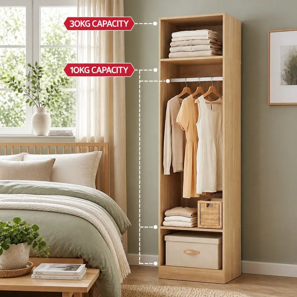 Pine Wardrobe Closet Storage Organizer with Hanging Rod and Open Shelves 185cm Tall 50.5cm Wide