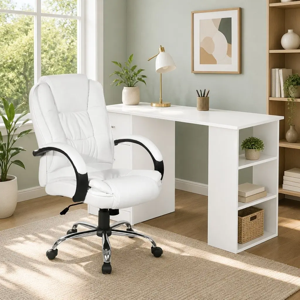 Computer Desk Office Chair Set 120cm Executive Workspace White High Back Combo