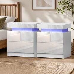 Bedside Table LED Lift-up Storage 2 Drawers White Modern Bedroom Nightstand