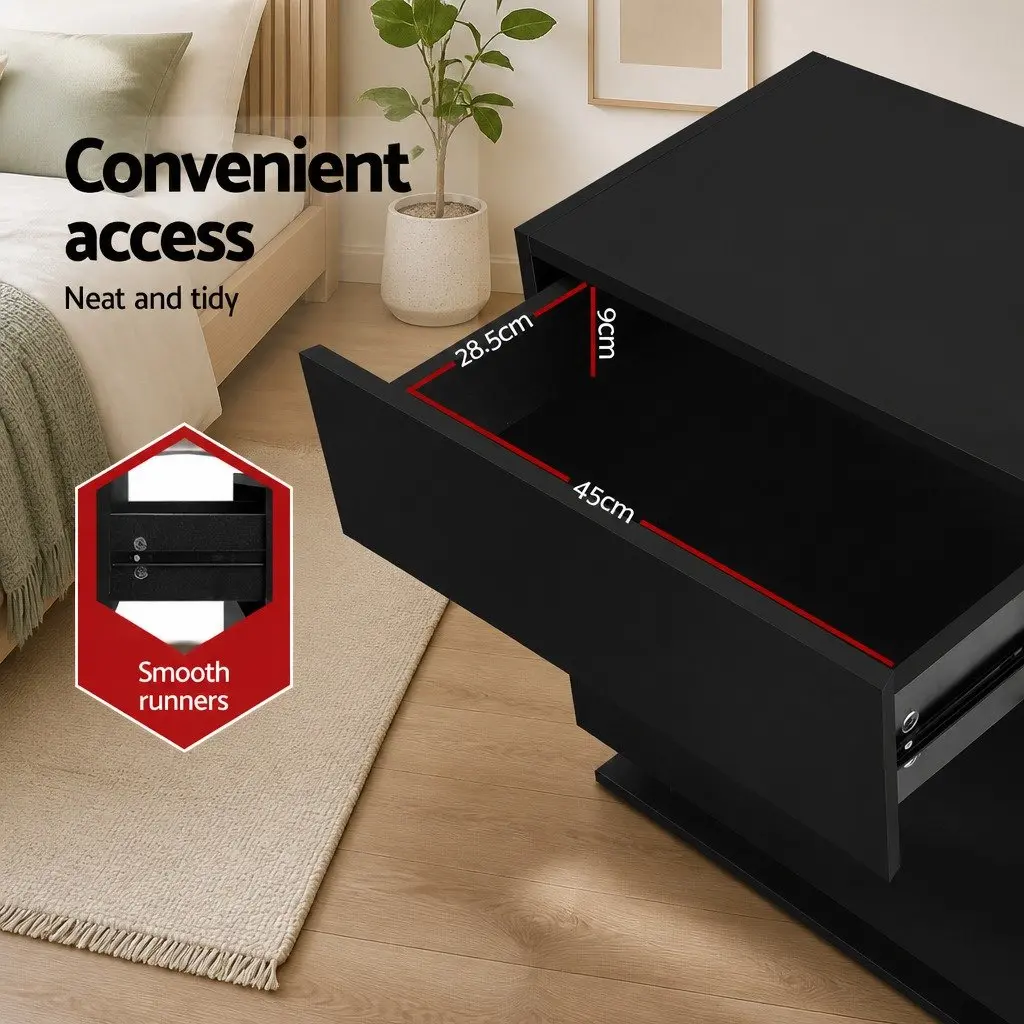 Bedside Table LED Light 3 Drawers Black Modern Nightstand Storage