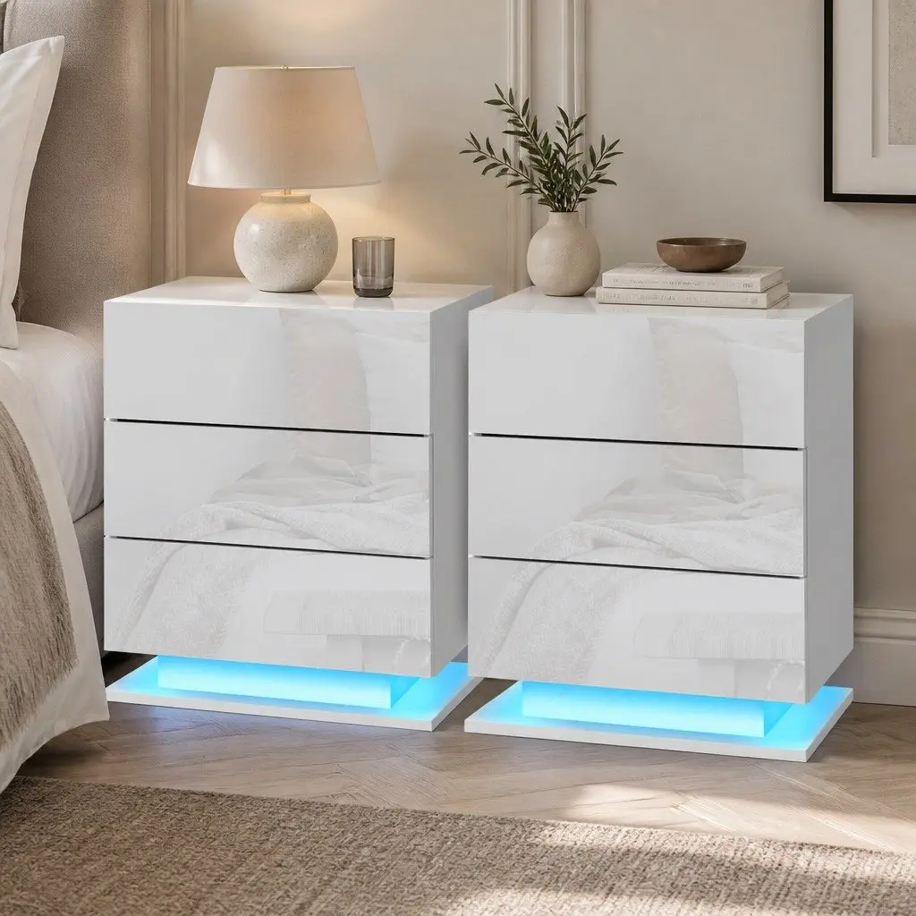 Bedside Table with LED Lighting 3 Drawers White Modern Bedroom Furniture